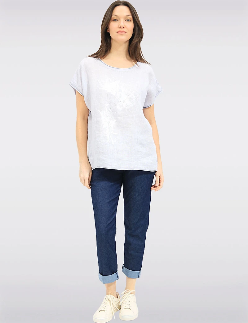 High-Low Linen Blend Short Sleeve Foil Flower & Rhinestone Top by Froccella