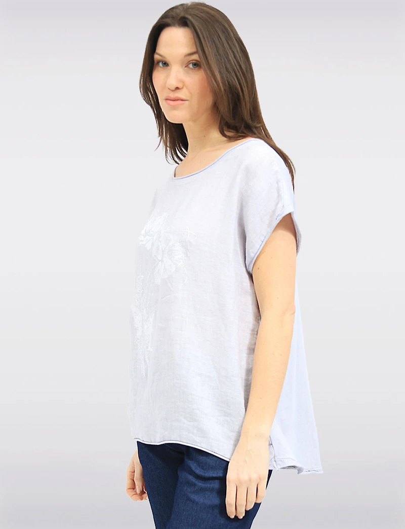 High-Low Linen Blend Short Sleeve Foil Flower & Rhinestone Top by Froccella
