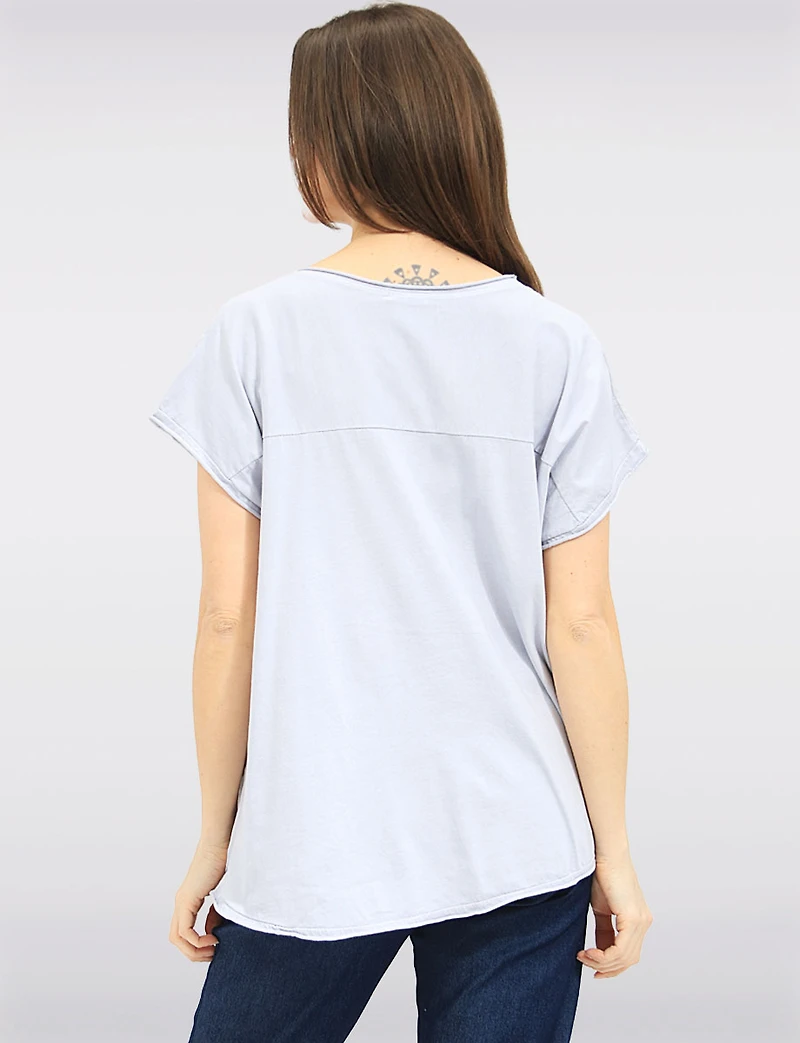 High-Low Linen Blend Short Sleeve Foil Flower & Rhinestone Top by Froccella