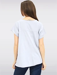 High-Low Linen Blend Short Sleeve Foil Flower & Rhinestone Top by Froccella