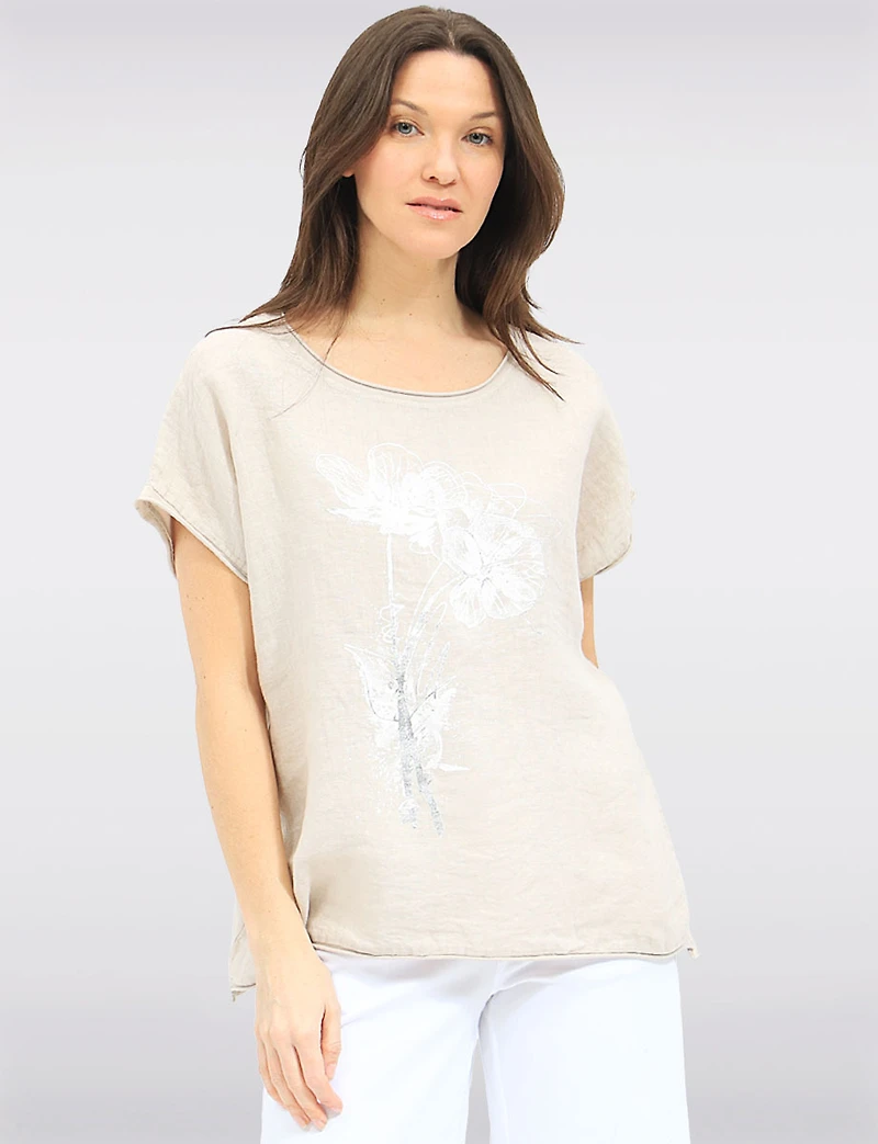 High-Low Linen Blend Short Sleeve Foil Flower & Rhinestone Top by Froccella