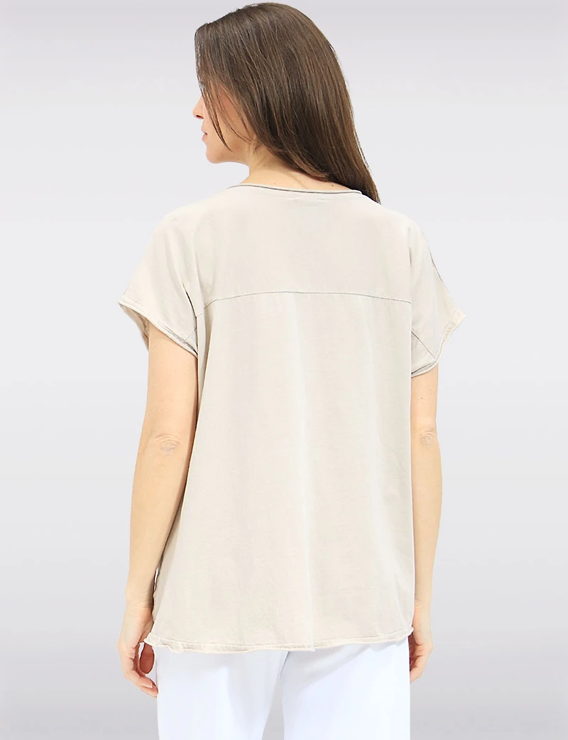 High-Low Linen Blend Short Sleeve Foil Flower & Rhinestone Top by Froccella