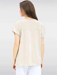 High-Low Linen Blend Short Sleeve Foil Flower & Rhinestone Top by Froccella