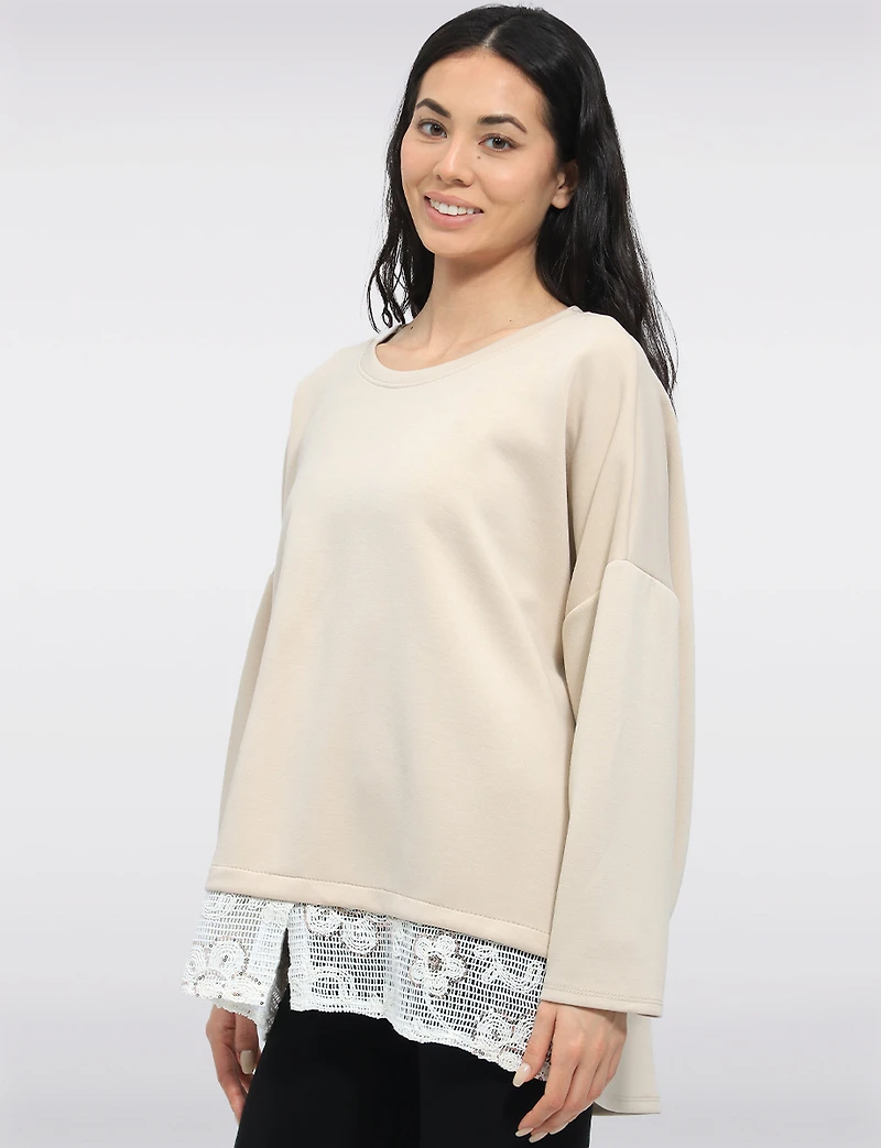 Soft High Low Tunic Relaxed Fit with White Crochet Lace Hem by Froccella