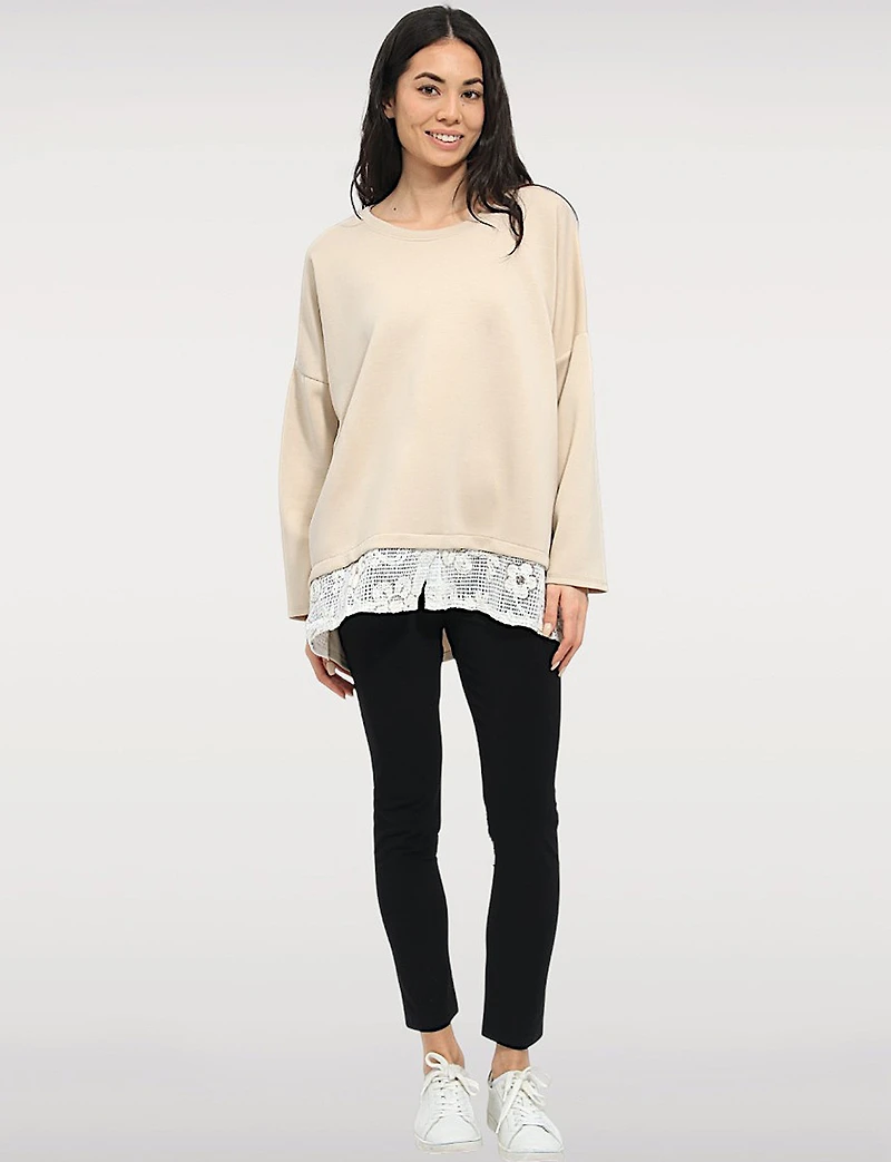 Soft High Low Tunic Relaxed Fit with White Crochet Lace Hem by Froccella