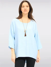 Flowy Round Neck Asymmetrical Hem Top with 3/4 Sleeves and Necklace by Froccella