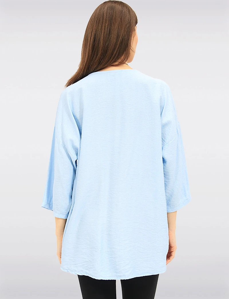Flowy Round Neck Asymmetrical Hem Top with 3/4 Sleeves and Necklace by Froccella