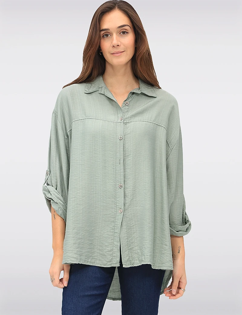 Flowy Lightweight Crinkled Button-Up Top with Adjustable Sleeves by Froccella