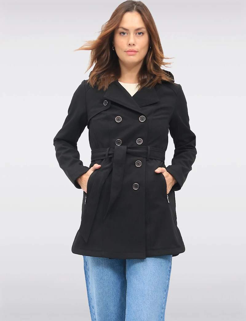 Vegan Hooded Belted Double-Breasted Water-Resistant Trench Coat by Sebby