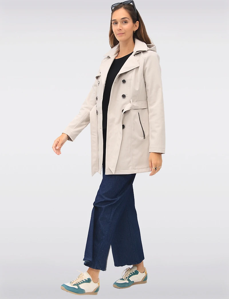 Vegan Hooded Belted Double-Breasted Water-Resistant Trench Coat by Sebby