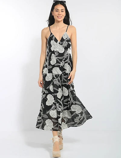 Embroidered Floral Sleeveless V-Neck Tiered Open Back Midi Dress by Queen Drama