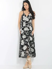 Embroidered Floral Sleeveless V-Neck Tiered Open Back Midi Dress by Queen Drama