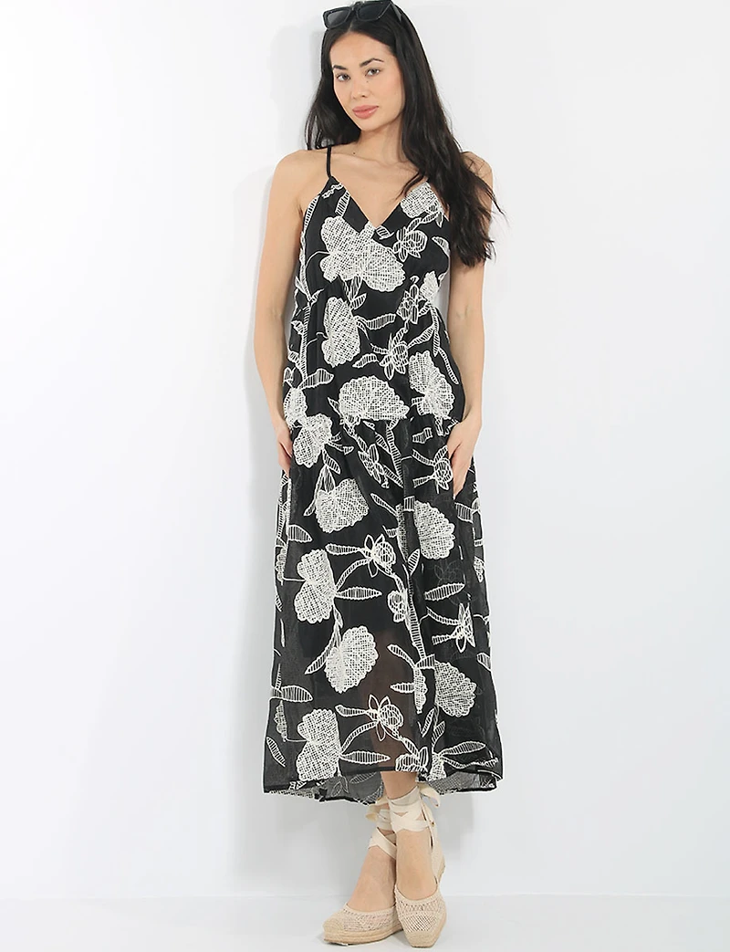 Embroidered Floral Sleeveless V-Neck Tiered Open Back Midi Dress by Queen Drama
