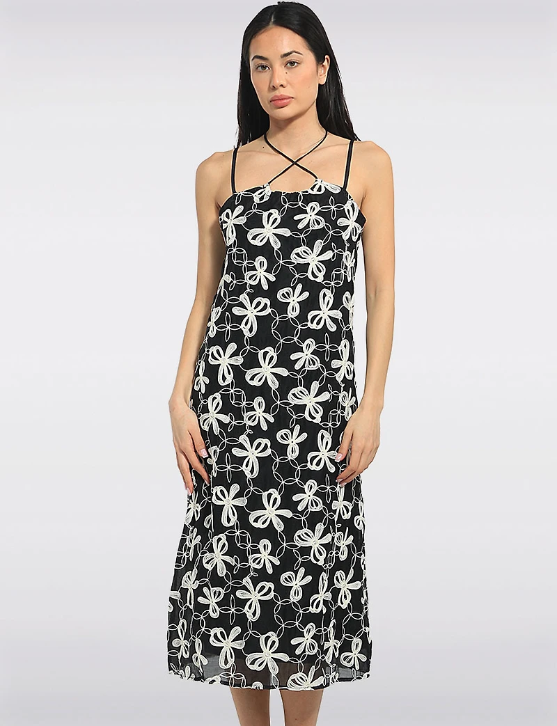 Floral Bow Embroidered Thin Strap Straight Cut Lined Midi Dress by Queen Drama