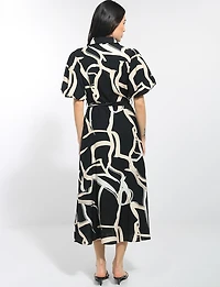 Printed Collared Puff Sleeve Button-Down Belted Cocktail Dress by Stella Morgan