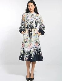 Colourful Floral Long Sleeve Mock Collar Belted Midi Belt Dress by Stella Morgan