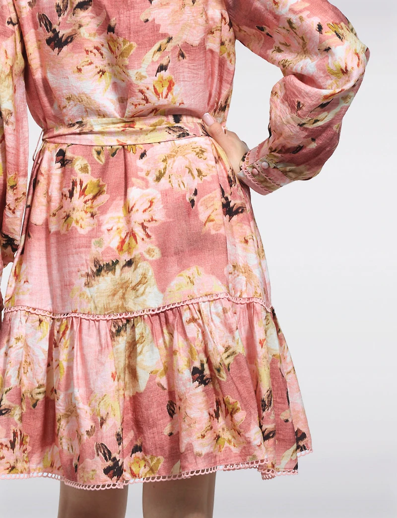 Floral Band Neckline Long Puff Sleeve Belted Button-front Dress by Stella Morgan
