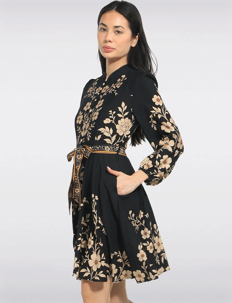 Black & Floral Band Neck Long Puff Sleeve Belted Buttoned Dress by Stella Morgan