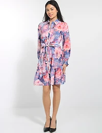 Floral Shirt Collar Long Puff Sleeve Belted Button-front Dress by Stella Morgan