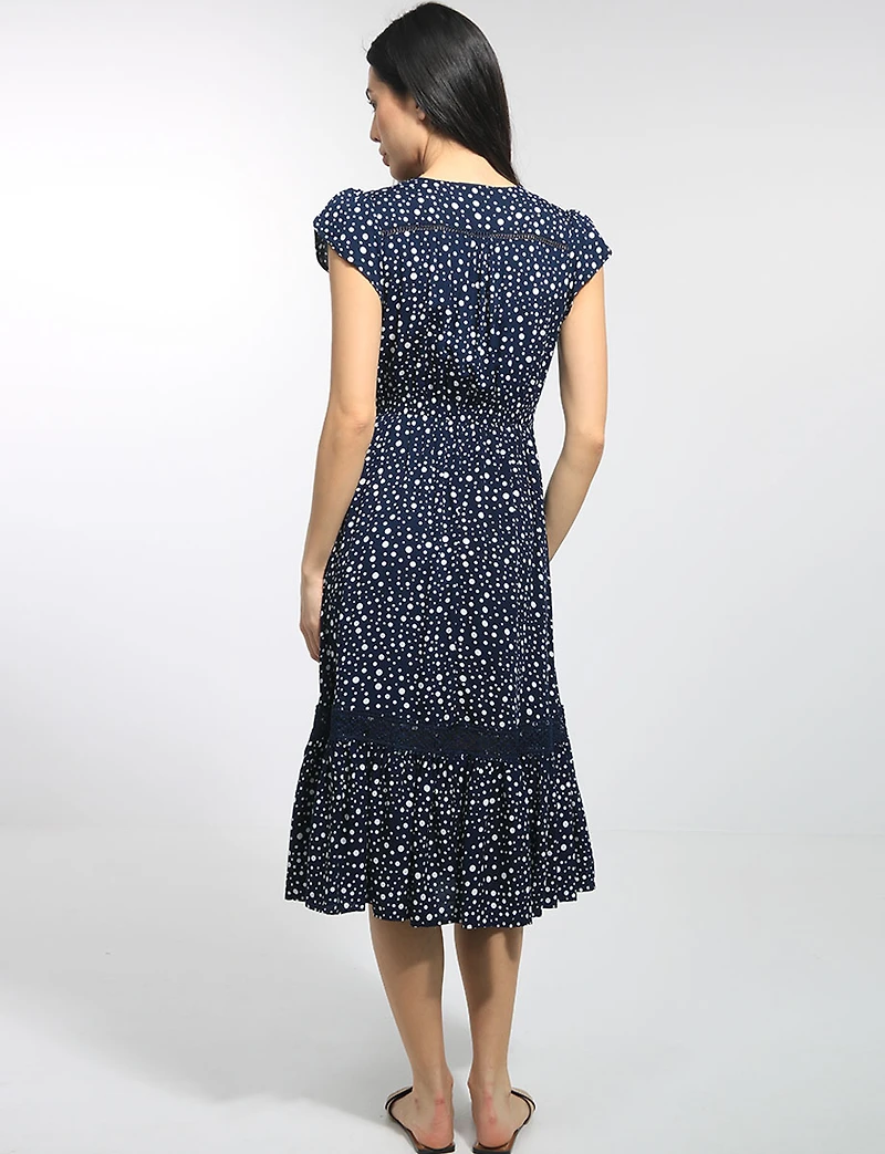Short Tulip Sleeve A-line Polka Dot Tiered Dress with Lace by Stella Morgan