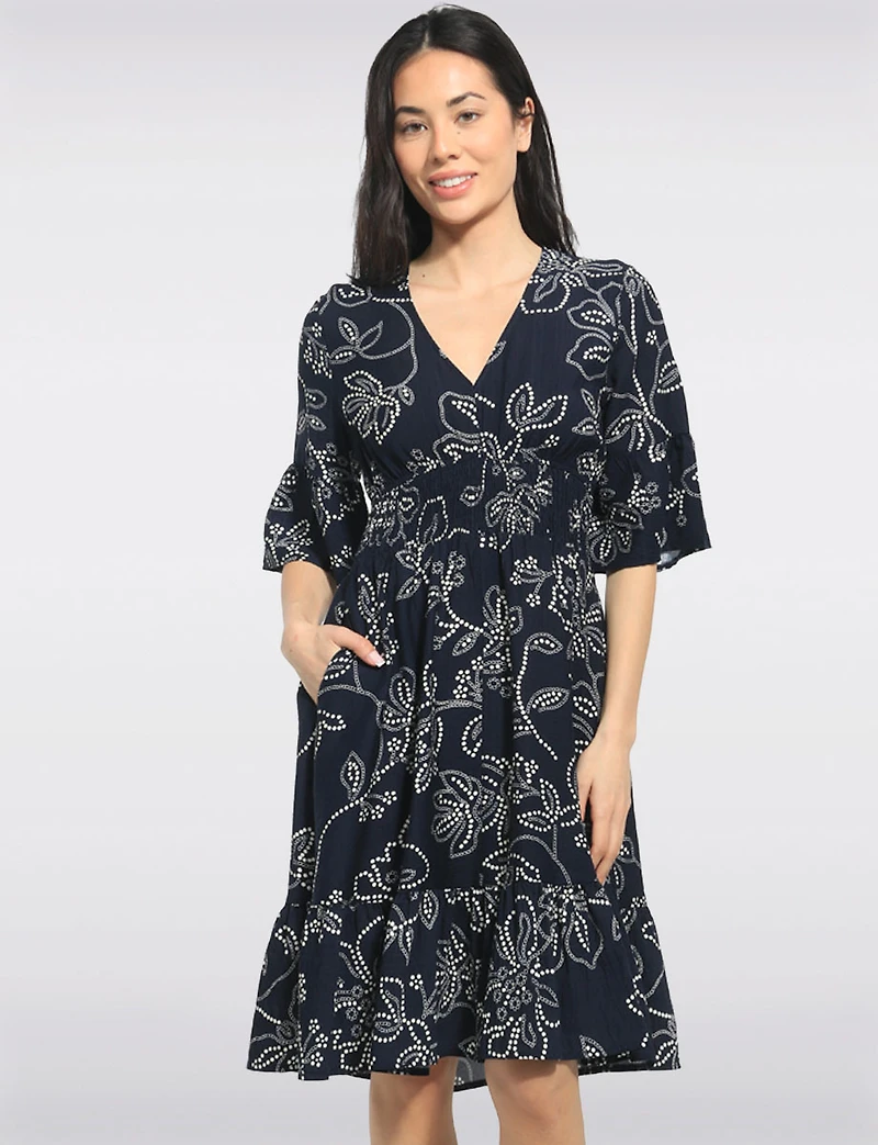 Fit&Flare Sleeve Dot Floral Print Knee Length Ruffle Hem Dress by Stella Morgan