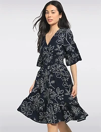 Fit&Flare Sleeve Dot Floral Print Knee Length Ruffle Hem Dress by Stella Morgan