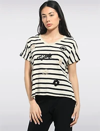 Cotton Blend Relaxed Fit Striped V-Neck Top with Floral Appliqués by Froccella