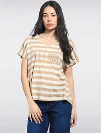 Striped V-Neck Cap-Sleeve Cotton-Blend Stretch Top by Froccella