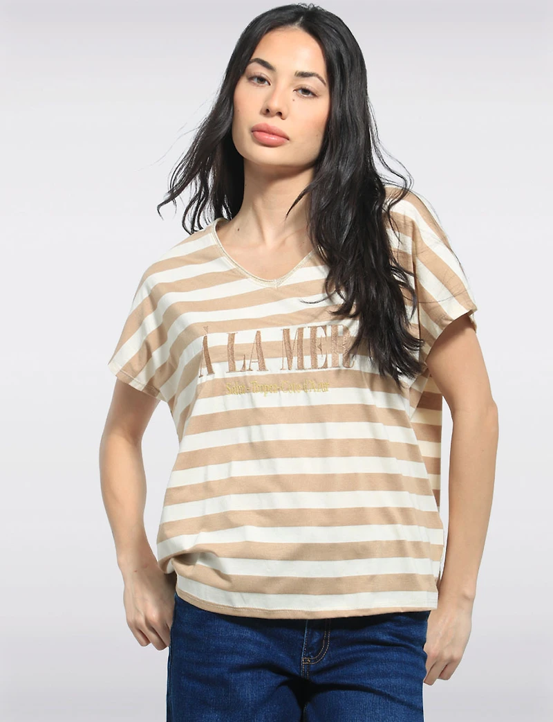 Striped V-Neck Cap-Sleeve Cotton-Blend Stretch Top by Froccella