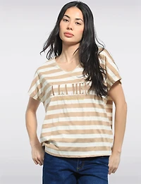Striped V-Neck Cap-Sleeve Cotton-Blend Stretch Top by Froccella