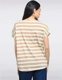 Striped V-Neck Cap-Sleeve Cotton-Blend Stretch Top by Froccella