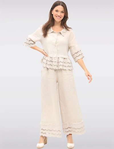 Eyelet-Trimmed Wide-Leg Linen Pants with Elastic Waist & Pockets by Froccella