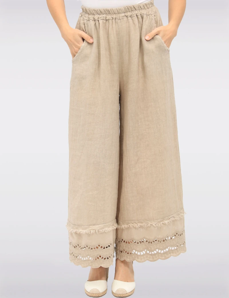 Eyelet-Trimmed Wide-Leg Linen Pants with Elastic Waist & Pockets by Froccella