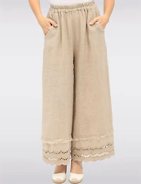Eyelet-Trimmed Wide-Leg Linen Pants with Elastic Waist & Pockets by Froccella