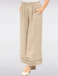 Eyelet-Trimmed Wide-Leg Linen Pants with Elastic Waist & Pockets by Froccella