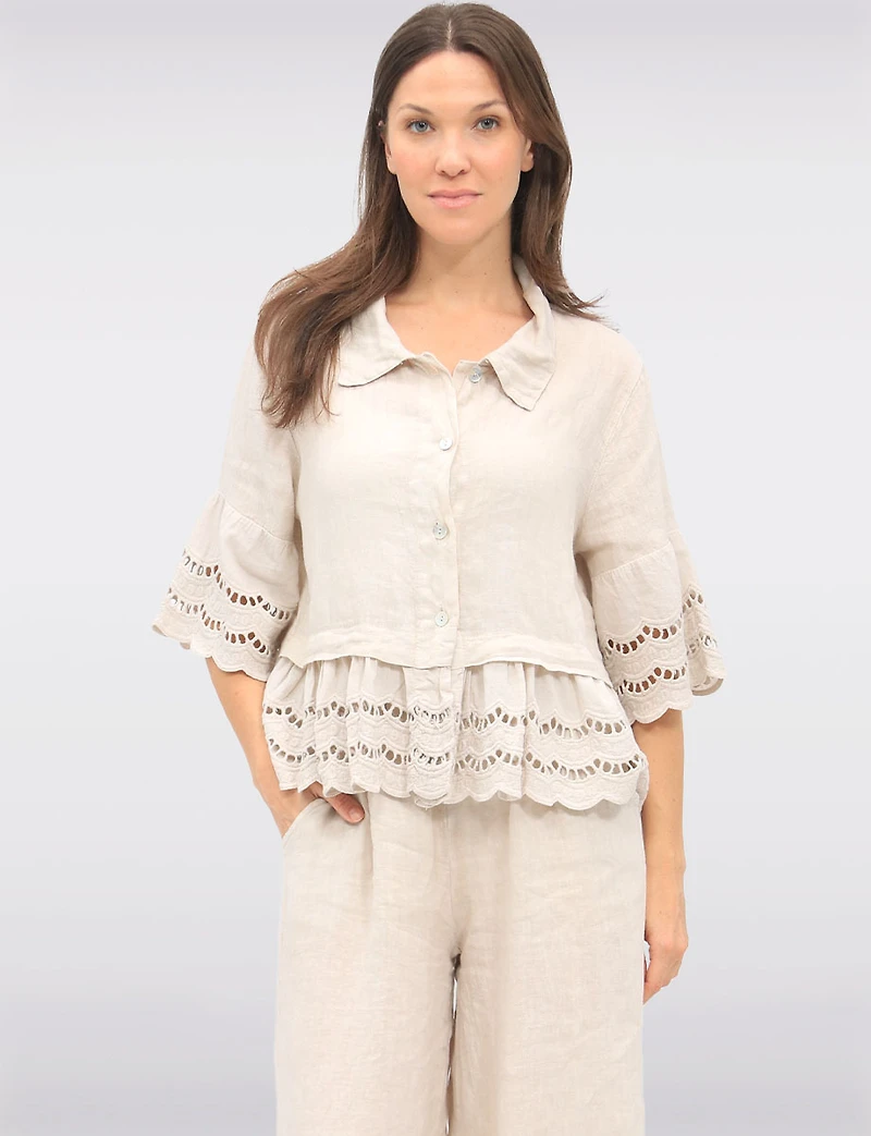 Chic Eyelet-Trimmed Button-Front Linen Shirt with Collar by Froccella
