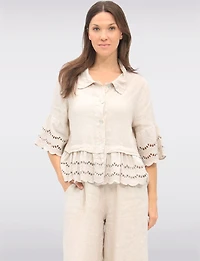 Chic Eyelet-Trimmed Button-Front Linen Shirt with Collar by Froccella