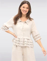 Chic Eyelet-Trimmed Button-Front Linen Shirt with Collar by Froccella