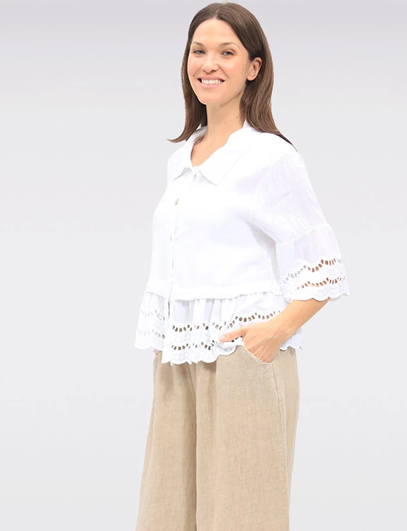 Chic Eyelet-Trimmed Button-Front Linen Shirt with Collar by Froccella