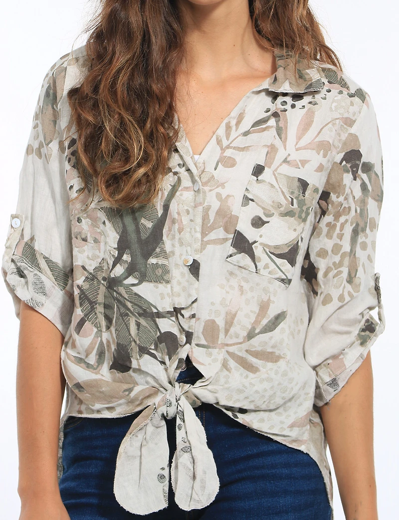 Tropical Abstract Linen Tie Front Button Up Beige Shirt by Froccella