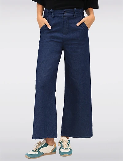 Relaxed-Fit Wide-Leg Cotton Stretch Denim Pants with Pockets by Froccella