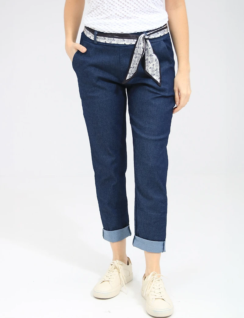 Slim-Fit Cotton Stretch Denim Pull-On Pants with Paisley Belt by Froccella