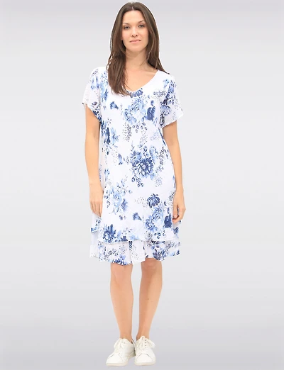 Two-Tiered Short Sleeve Elegant Floral Print V-neck Crinkled Dress By Froccella