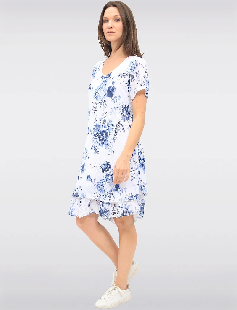 Two-Tiered Short Sleeve Elegant Floral Print V-neck Crinkled Dress By Froccella