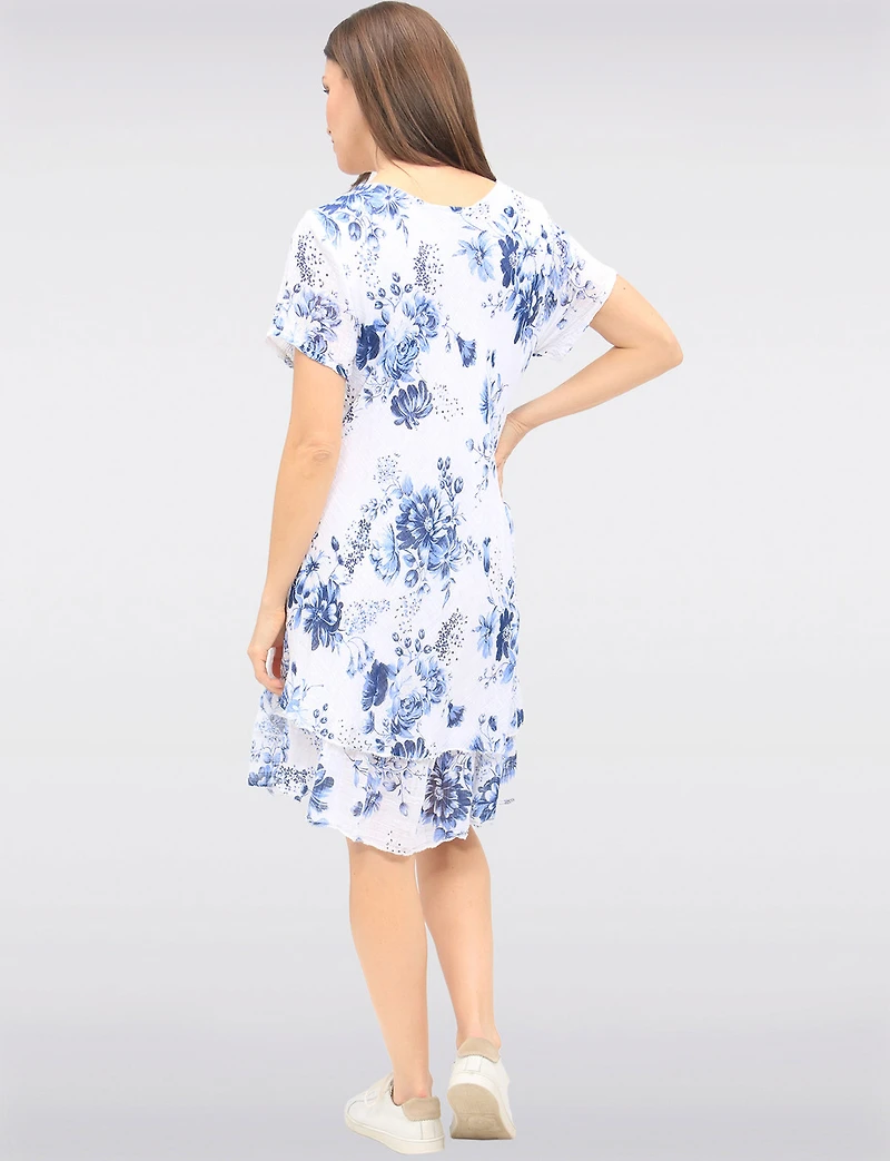 Two-Tiered Short Sleeve Elegant Floral Print V-neck Crinkled Dress By Froccella