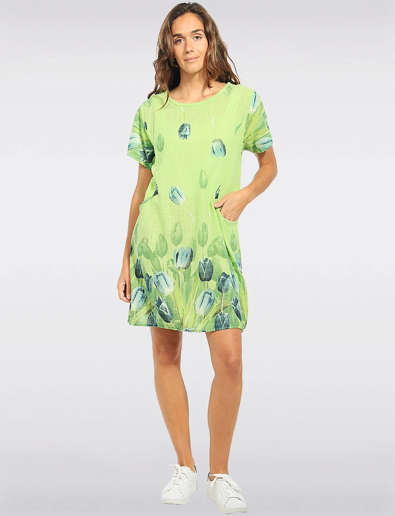 Short Sleeve Tulip Print Dress With Knit Trim at the Waist By Froccella