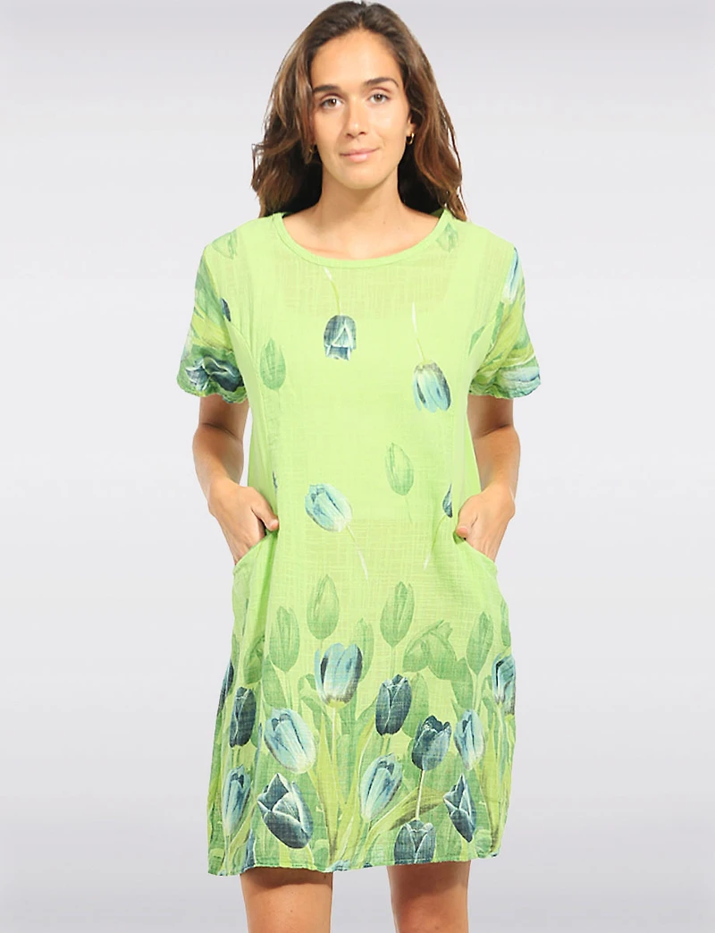 Short Sleeve Tulip Print Dress With Knit Trim at the Waist By Froccella