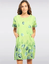 Short Sleeve Tulip Print Dress With Knit Trim at the Waist By Froccella