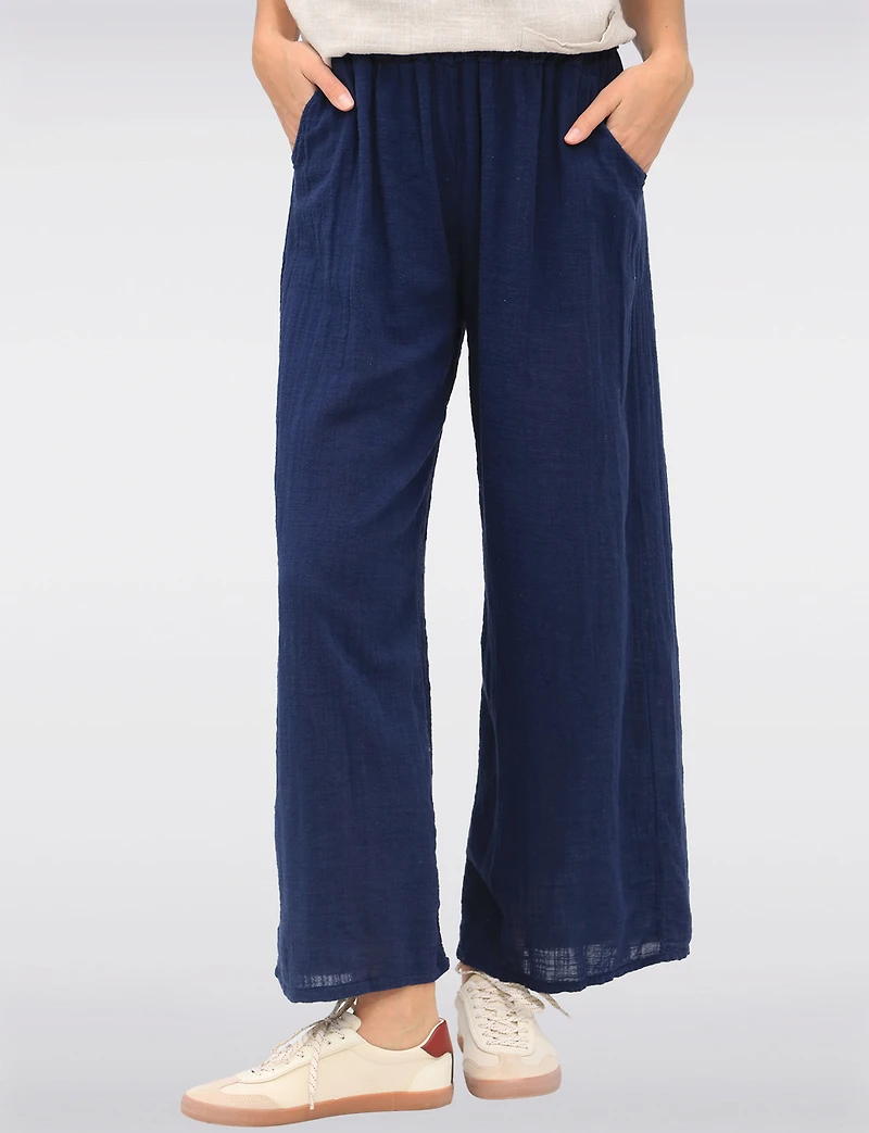 Solid Cotton Pull-On Wide-Leg Pants with Elastic Waist & Pockets by Froccella