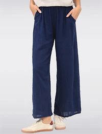 Solid Cotton Pull-On Wide-Leg Pants with Elastic Waist & Pockets by Froccella